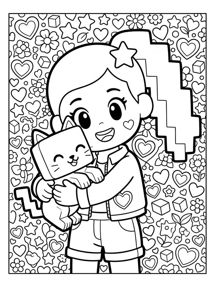 Free coloring page: Mila and her cat Pixel, black and white