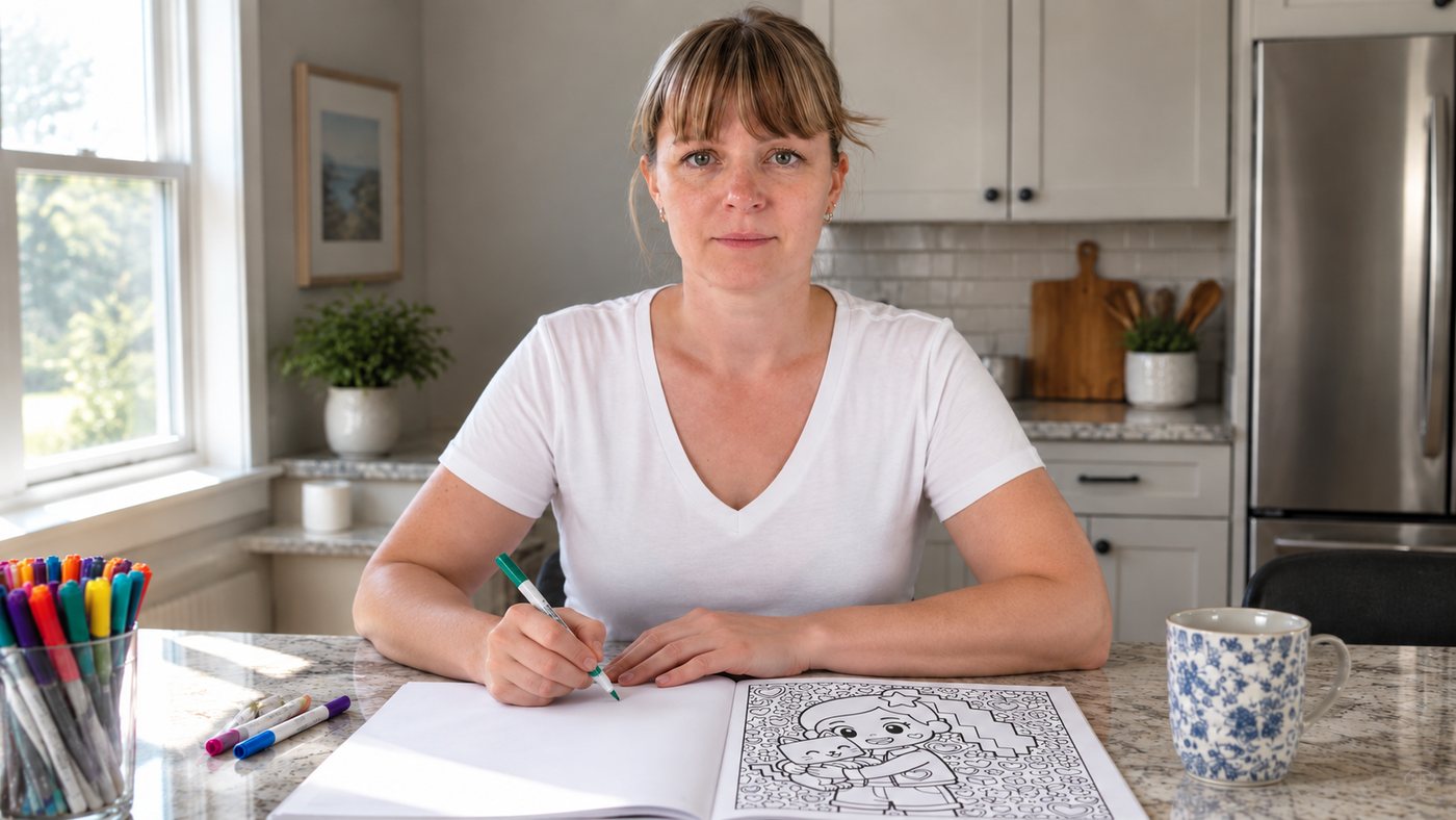 Ellie coloring at her kitchen table