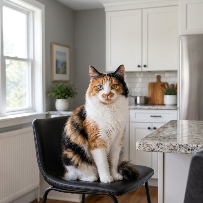 Patches, a calico cat with one blue eye and one amber eye